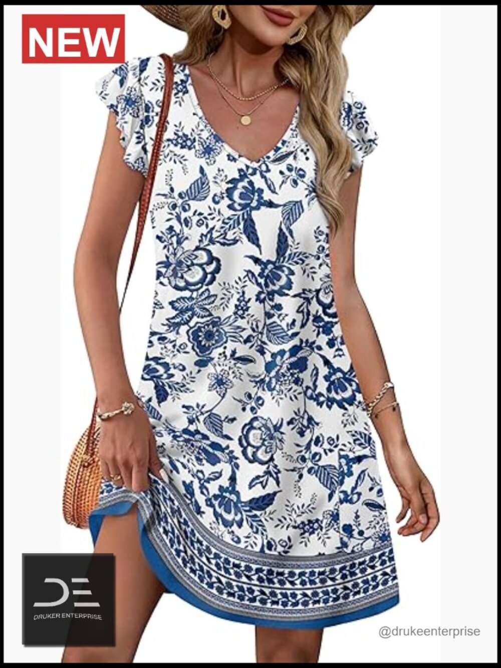 Ruffle Sleeve V-Neck Loose Swing Sundress with Pockets